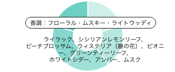 都会のシンデレラ ディフューザー 香りのピラミッド 香調：フローラル・ムスキー・ライトウッディ トップノート：ライラック、シシリアンレモンリーフ ミドルノート：ピーチブロッサム、ウィステリア（藤の花）、ピオニー、グリーンティーリーフ ラストノート：ホワイトシダー、アンバー、ムスク