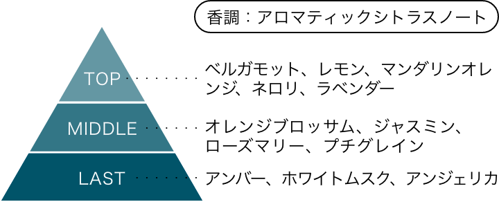 シティーハンター エピソードフレグランス EPISODE:300 おまえへの･･･ 香りのピラミッド 香調：アロマティックシトラスノート トップノート：ベルガモット、レモン、マンダリンオレンジ、ネロリ、ラベンダー ミドルノート：オレンジブロッサム、ジャスミン、ローズマリー、プチグレイン ラストノート：アンバー、ホワイトムスク、アンジェリカ