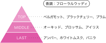 TVアニメ『姫様“拷問”の時間です』 サクラ・ハートロック 香りのピラミッド 香調：フローラルウッディ トップノート：ベルガモット、ブラックチェリー、プラム ミドルノート：オーキッド、ブロッサム、アイリス ラストノート：アンバー、ホワイトムスク、バニラ