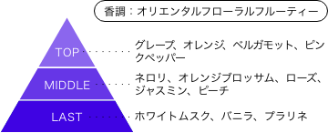 仮面ライダーガヴ 香りのピラミッド 香調：オリエンタルフローラルフルーティー トップノート：グレープ、オレンジ、ベルガモット、ピンクペッパー ミドルノート：ネロリ、オレンジブロッサム、ローズ、ジャスミン、ピーチ ラストノート：ホワイトムスク、バニラ、プラリネ