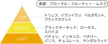 パンドラハーツ アリス 香りのピラミッド 香調：フローラル・フルーティー・ムスク トップノート：トリュフ、イランイラン、ベルガモット、ブラックカラント ミドルノート：ブラックオーキッド、ロータス、スパイス ラストノート：パチョリ、インセンス、ベチバー、バニラ、チョコレート、サンダルウッド