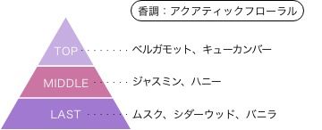 パンドラハーツ シャロン 香りのピラミッド 香調：アクアティックフローラル トップノート：ベルガモット、キューカンバー  ミドルノート：ジャスミン、ハニー ラストノート：ムスク、シダーウッド、バニラ