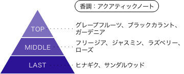 快傑蒸気探偵団 鳴滝 香りのピラミッド 香調：アクアティックノート トップノート：グレープフルーツ、ブラックカラント、ガーデニア ミドルノート：フリージア、ジャスミン、ラズベリー、ローズ ラストノート：ヒナギク、サンダルウッド