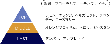 ウルトラマンネクサス アンファンス 香りのピラミッド 香調：フローラルフルーティファイナル トップノート：レモン、オレンジ、ベルガモット、ラベンダー、ローズマリー ミドルノート：オレンジブロッサム、ネロリ、ジャスミン ラストノート：アンバー、アンブレッド