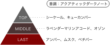 ダークメフィスト 香りのピラミッド 香調：アクアティックダークノート トップノート：シーケール、キューカンバー ミドルノート：ラベンダー、マリンアコード、オゾン ラストノート：アンバー、ムスク、ベチバー