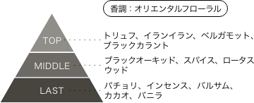 ゾイド -ZOIDS- シャドー 香りのピラミッド 香調：オリエンタルフローラル トップノート：トリュフ、イランイラン、ベルガモット、ブラックカラント ミドルノート：ブラックオーキッド、スパイス、ロータスウッド ラストノート：パチョリ、インセンス、バルサム、カカオ、バニラ